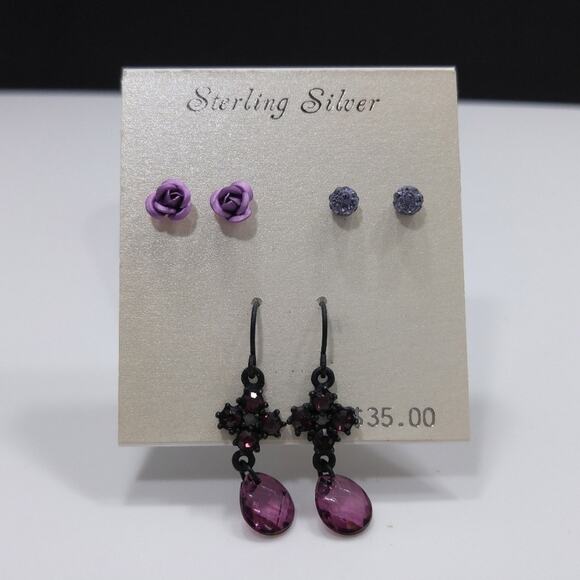 Sterling Silver Purple Earrings Set 3 Pairs Stud & Dangle New on Card - Picture 1 of 7